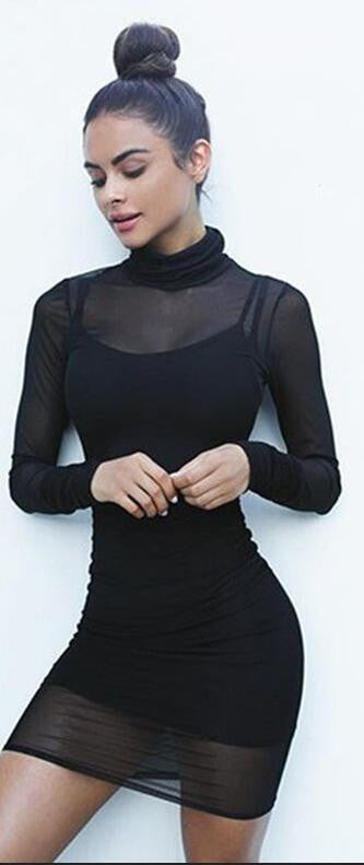 Black Transparency Lined Long Sleeve Bodycon Short Two Pieces Dress - Oh Yours Fashion - 2