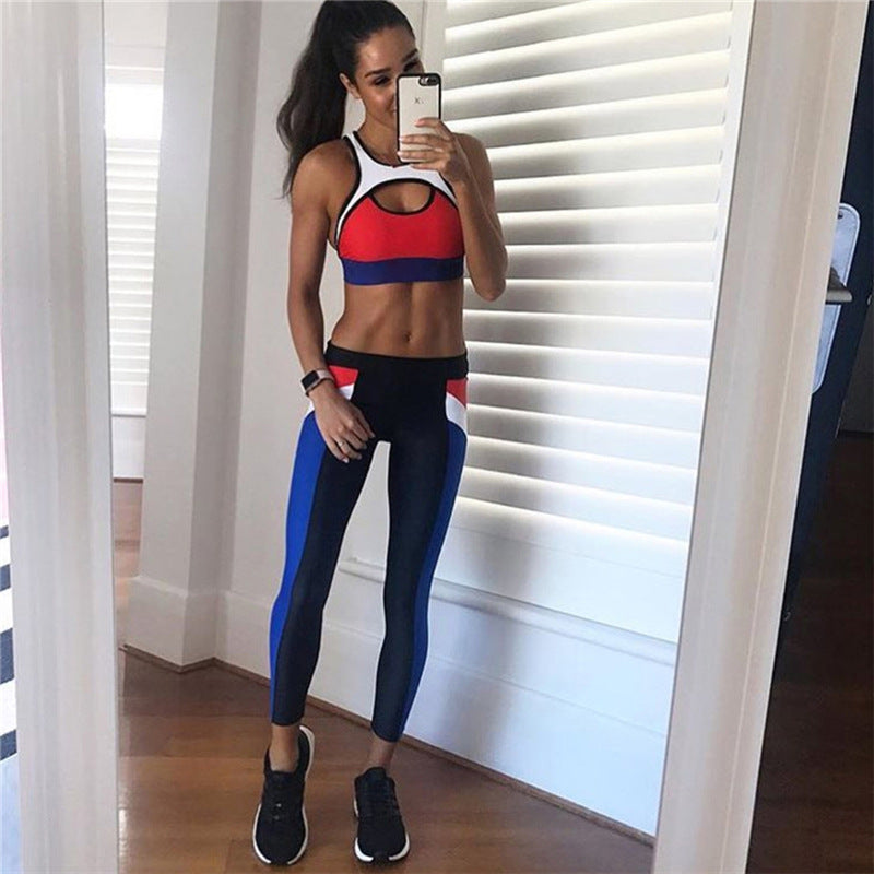 Color Block Crop Top with Low Waist Leggings Women Two Pieces Yoga Sports Set