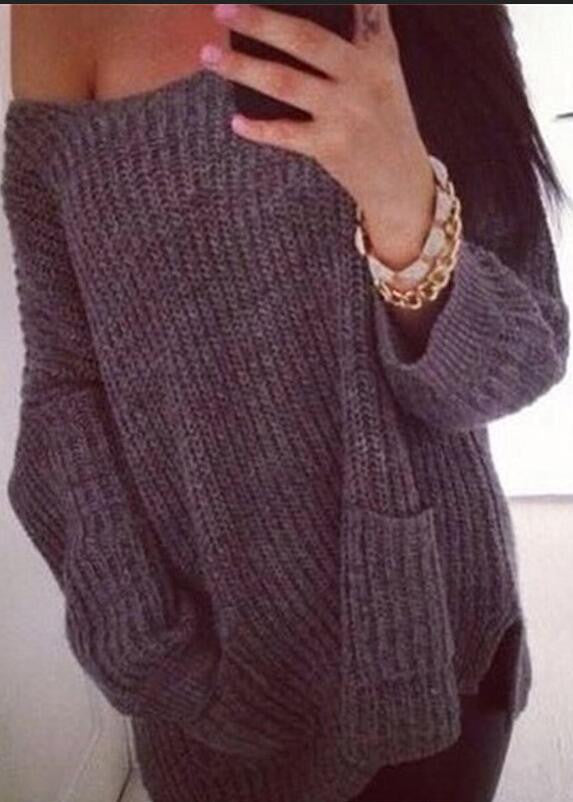 Fashion Casual Chunky Knit Loose One Shoulder Pockets Sweater - Oh Yours Fashion - 1