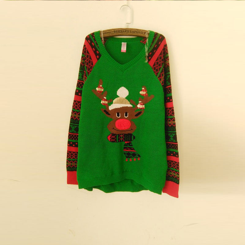Christmas Elk Sequins Splicing Long Sleeve Green Knitting Sweater - Oh Yours Fashion - 1