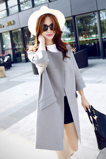 Pure Color 3/4 Sleeves Loose Scoop Pockets Long Coat