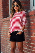 Red White Stripe Scoop Long Sleeve Loose T-shirt - Oh Yours Fashion - 4