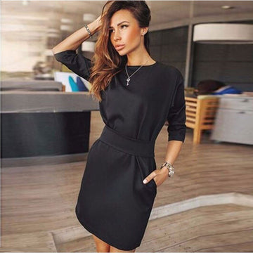 Hot Style Black Long Sleeve Scoop Short Dress With Belt - Oh Yours Fashion - 1