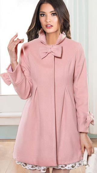 Bowknot Long Sleeves Stand Collar Pure Color Flare Slim Coat - Oh Yours Fashion - 1