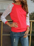 Lace Splicing Scoop Pullover Loose Long Sleeve T-shirt - Oh Yours Fashion - 2