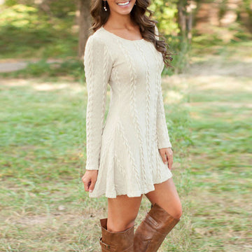 Knitting Round Neck Long Sleeve Sweater Dress - Oh Yours Fashion - 1