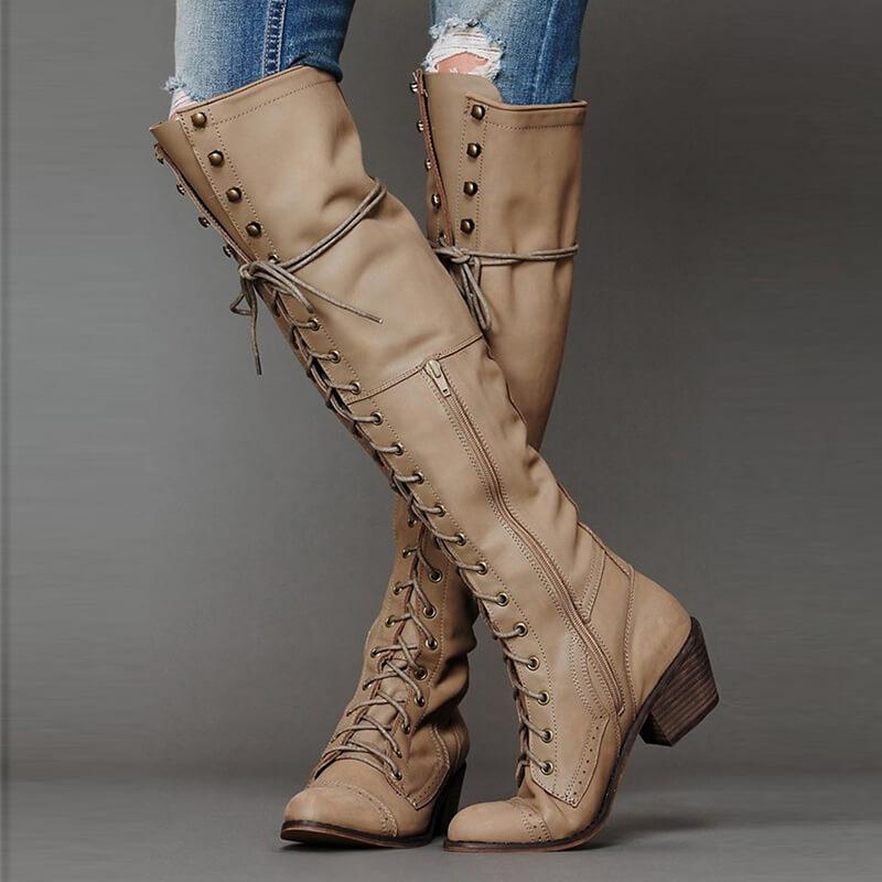 Lace Up Low Chunky Heel Over the Knee Boots