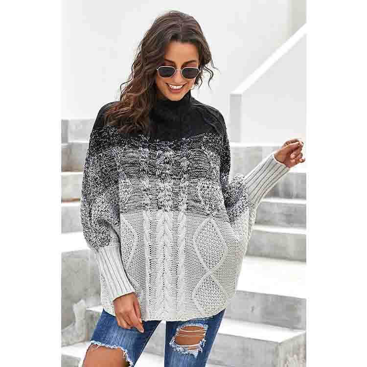 Turtleneck Colorblock Cable Knit Sweater