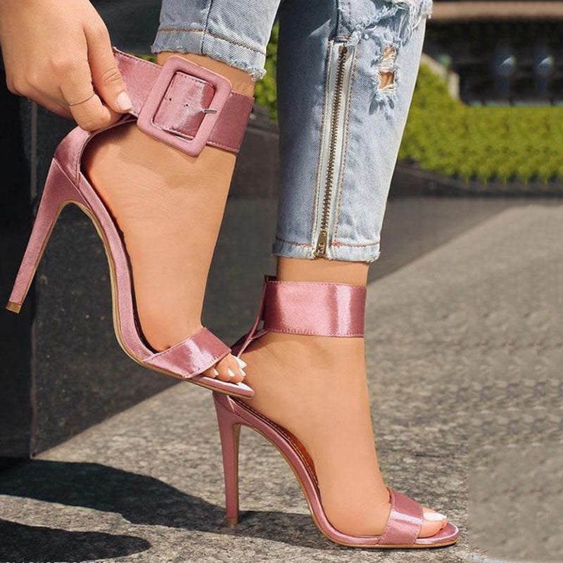 Simple Pink Silk Buckle Open Toe High Heel Sandals