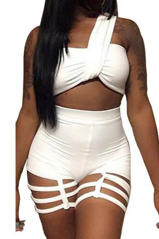 One Shoulder Sleeveless Crop Top Hollow Out Bandage Shorts Two Pieces Set - Oh Yours Fashion - 2