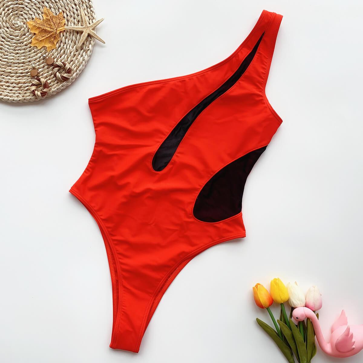 Red One Shoulder Mesh Patchwork Cutout High Cut Swimsuits