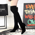 Simple Black Suede Point Toe High Heel Over Knee Boots