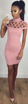 Sexy Hollow Out Short Sleeve Short Bodycon Dress - Oh Yours Fashion - 2