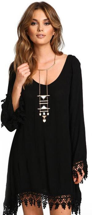 Plus Size Long Sleeve Tassel Black Short Dress - Oh Yours Fashion - 2