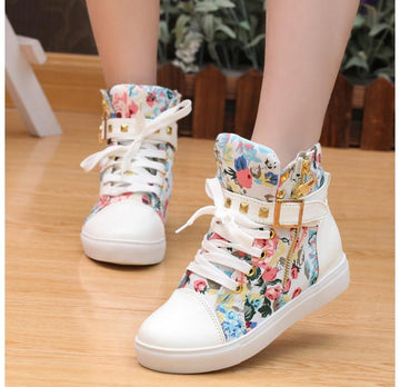 Cute Floral Print Skull Lace Up High Cut Women Sneakers - OhYoursFashion - 1