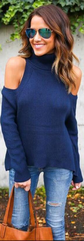 Sexy Bare Shoulder High Neck Long Sleeve Pure Color Sweater - Oh Yours Fashion - 1