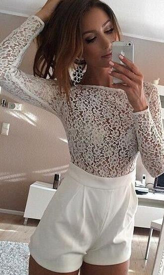 Lace Patchwork Long Sleeves Scoop Short Jumpsuit - Oh Yours Fashion - 2