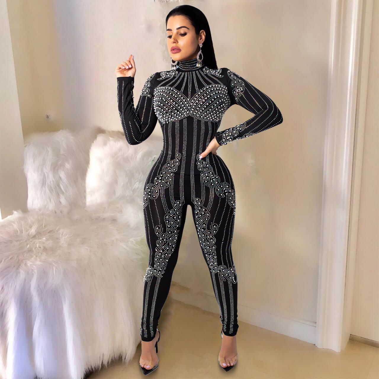 Long Sleeve See Through Rhinestone Bodycon Jumpsuit with Pearl Decoration