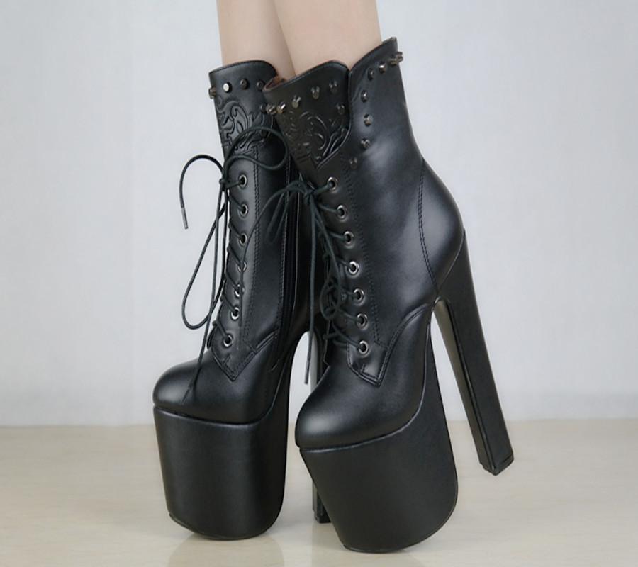 Suede Pure color Lace-Up Rivets Zipper Chunky Heel Round Toe High Heels