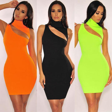 Pure Color High Neck Hollow Out Bodycon Knee length Dress