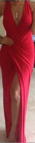 Sexy Red V Neck Long Splitting Dress - Oh Yours Fashion - 2
