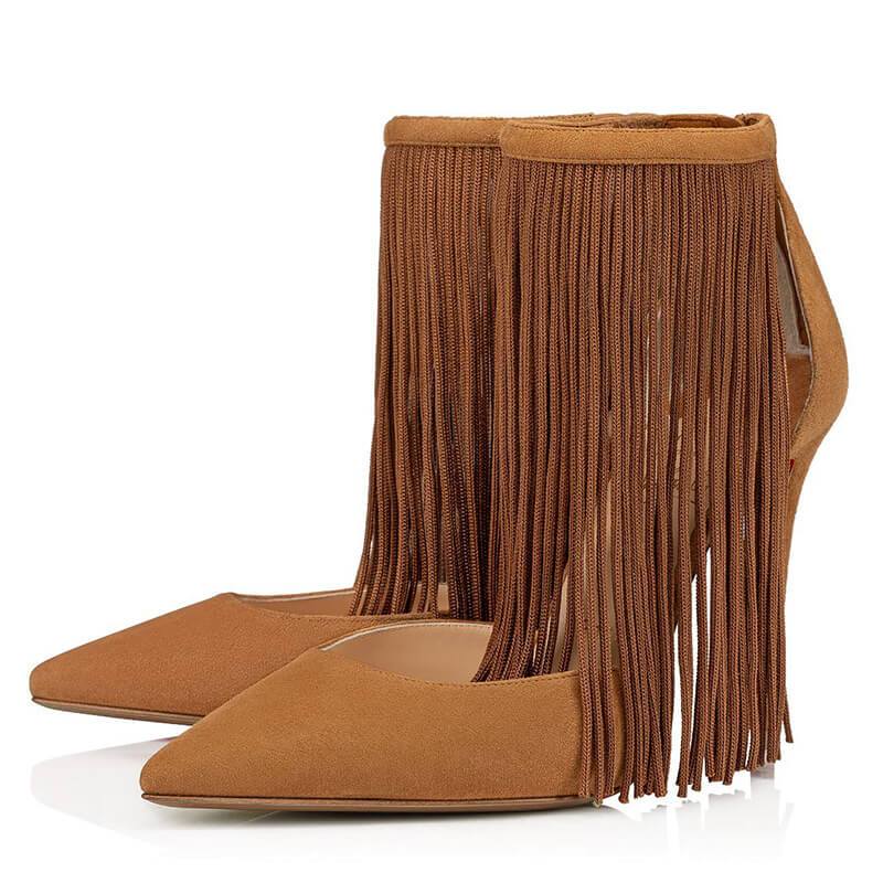 Sexy Suede Point Toe Fringe Buckle High Heels