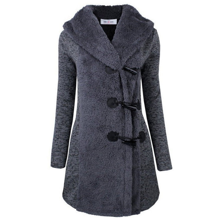 Horn Button Hooded Long Sleeves Slim Mid-length Coat - Oh Yours Fashion - 2