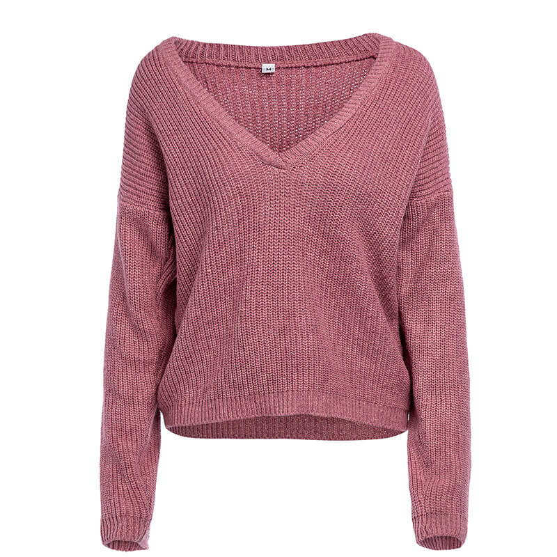 Deep V-neck Pure Color Pullover Sweater