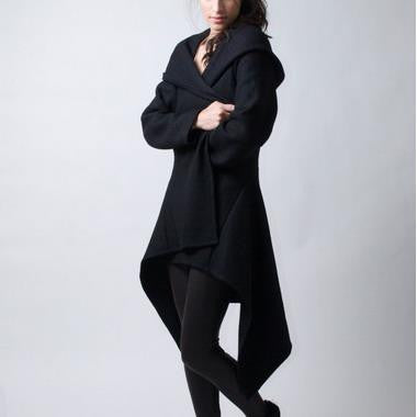 Hooded Irregular Long Sleeves Pure Color Wool Coat - Oh Yours Fashion - 1