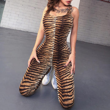 Sexy Sleeveless Bodycon Skinny Tiger Skin Backless Jumpsuits