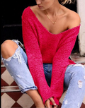 V-neck Asymmetric Solid Color Pullover Sweater - Oh Yours Fashion - 2