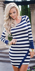 Classic Long Sleeve Scoop Stripe Irregular Short Dress - Oh Yours Fashion - 2