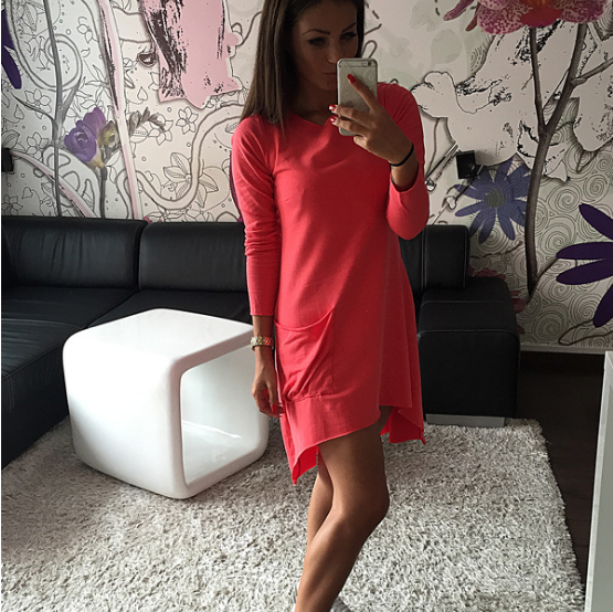 Irregular Pure Color Scoop Long Sleeves Short Dress - Oh Yours Fashion - 1