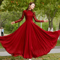 Charming Long Lace Sleeves Pleated Chiffon Long Red Maxi Dress - O Yours Fashion - 1