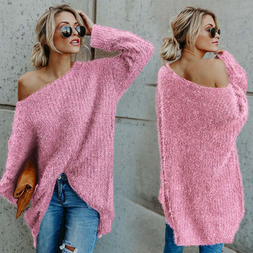 Candy Color Long Sleeves Loose One Shoulder Long Sweater