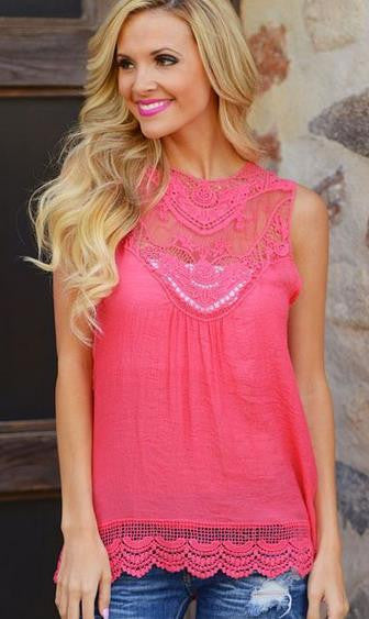 Lace Patchwork Sleeveless Scoop Casual Plus Size Blouse - Oh Yours Fashion - 5