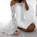 Off the Shoulder Long Trumpet Sleeves Solid Color Women Lace Knee-length Dress