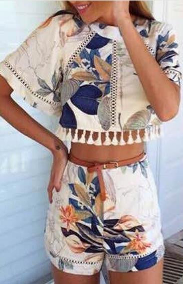 Hollow Out Print Tassel Short Sleeves Crop Top and Shorts Suit - Oh Yours Fashion - 3
