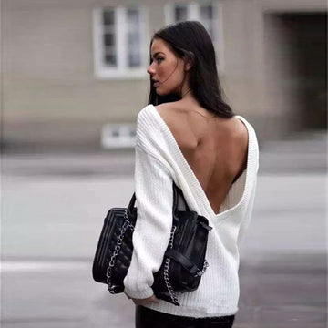 Sexy Loose Backless Deep V White Sweater - Oh Yours Fashion - 1