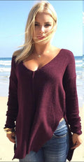 Sexy Purple Both Deep V Neck Side Slit Long Sweater - Oh Yours Fashion - 2