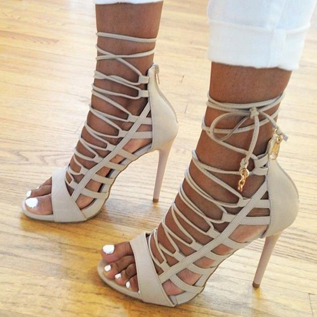 Sexy Lace Up Cut Out PU High Heel Sandals - OhYoursFashion - 1