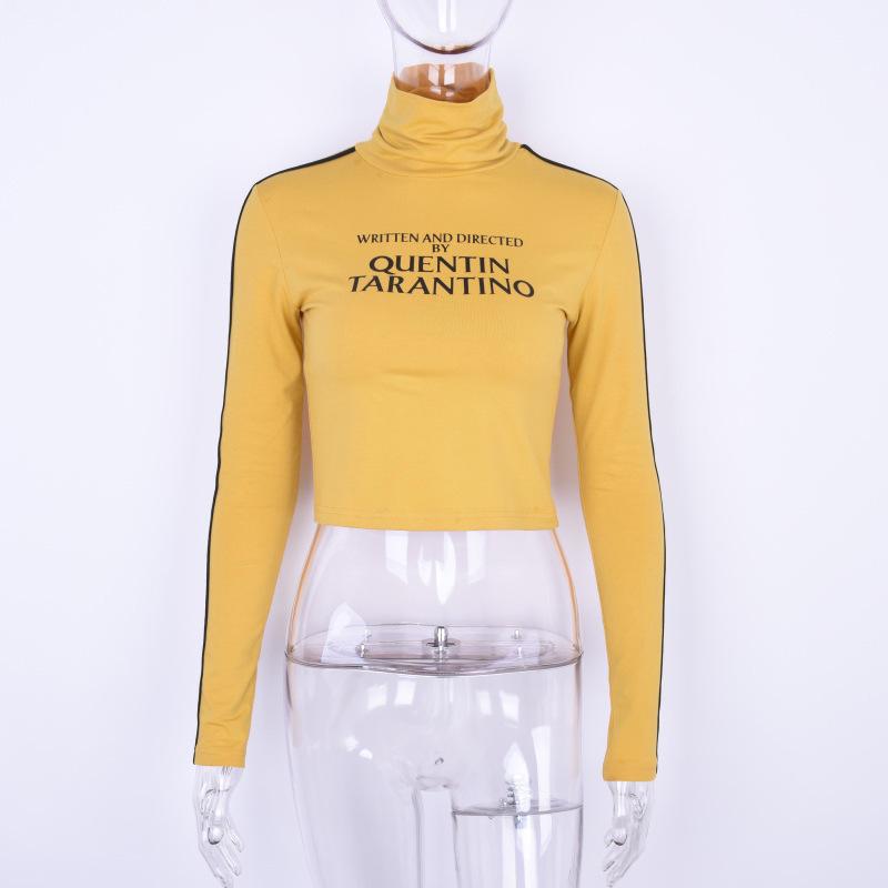 Letter Print High Neck Patchwork Long Sleeves Crop Top