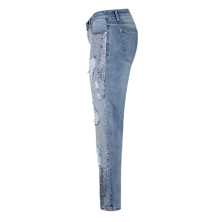 Sequins Bagger Holes Loose Denim 9/10 Long Jeans Pants