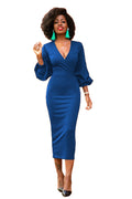 Deep V-neck Solid Color High Waist Long  Lantern Sleeves Women Tee-length Dress