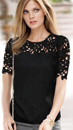 Lace Patchwork Short Sleeves Scoop Hollow Out Chiffon Blouse - Oh Yours Fashion - 2