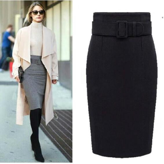 Fashion Belt Buckle Pure Color Cotton Pencil Skirt - Oh Yours Fashion - 4