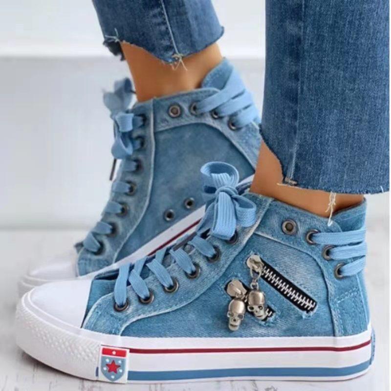 Women Denim High-Top Back Lace-UP Design Canvas Sneakers Shoes