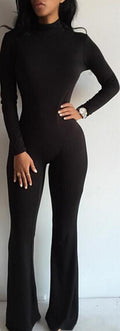 High Neck Long Sleeve Flared Leg Slim Long Jumpsuit - Oh Yours Fashion - 1