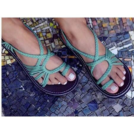 Bohemian Weave Strings Thong Pure Color Ankle Strap Women Beach Flat Sandals
