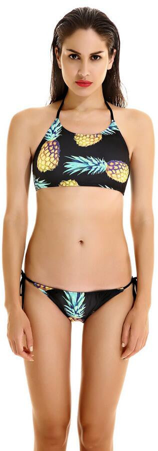 Pineapple Print Black Halter Two Pieces Swimwear Bikini - Oh Yours Fashion - 2